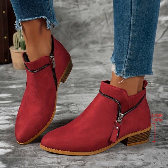BXJX Womens Ankle Boots, Pointed Toe Low Heel Non Slip Zip up Booties for Fall Winter Red Size 9.5
