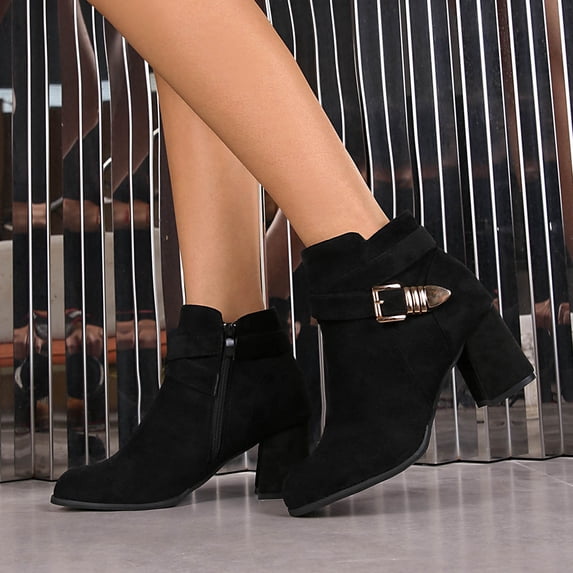 BXJX Womens Ankle Boots, Round Toe Block Heel Zip Up Slip-Resistant Ladies Booties Black Size 7