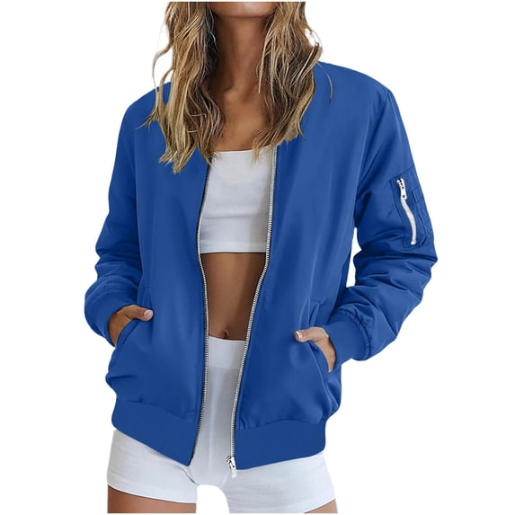 BXJX Womens Bomber Jackets, Lightweight Long Sleeve Full Zip Casual Fall Outerwear with Pockets Blue Size 2XL