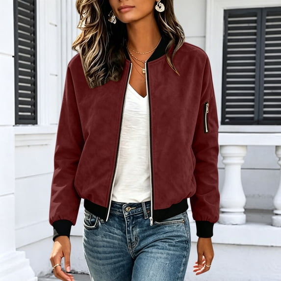 BXJX Womens Bomber Jackets with Lined, Lightweight Full Zip Long Sleeve Faux Suede Outerwear for Spring Fall Wine Size 2XL