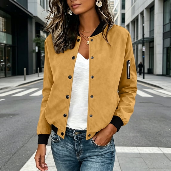 BXJX Womens Bomber Jackets with Lined, Long Sleeve Lightweight Faux Suede Button Down Outerwear for Spring Fall Yellow Size 2XL