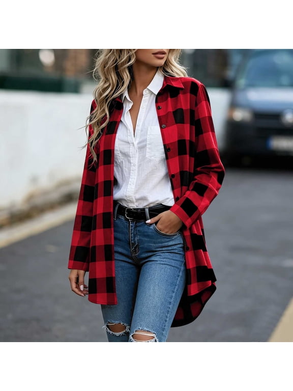 Womens Button Down Shirts, Button Down Long Sleeve Lapel Collar Spring Fall Mid-length Plaid Shirts Red Size 2XL
