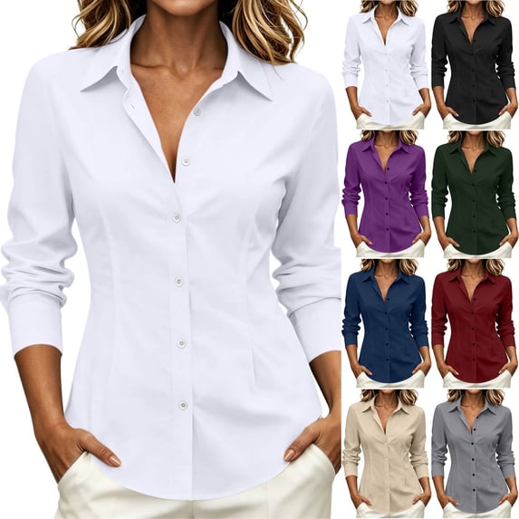 BXJX Womens Button Down Shirts, Collared Fitted Long Sleeve Business Ladies Work Dress Shirts White Size S-2XL