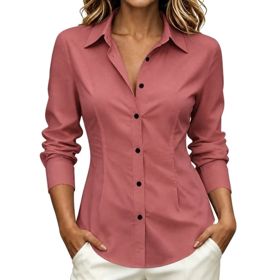 BXJX Womens Button Down Shirts, Fitted Long Sleeve Collared Business Ladies Work Dress Shirts Pink Size S