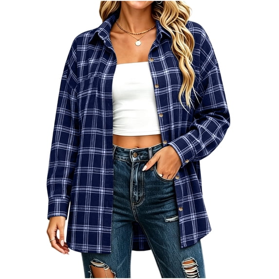 BXJX Womens Button Down Shirts, Soft Lapel Collar Long Sleeve Button Down Plaid Shirts for Spring Fall Blue Size S
