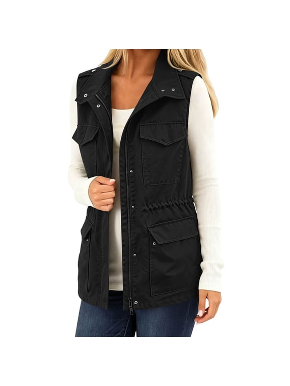 Womens Cargo Vests, Multi‑Pocket Drawstring Waist Full Zip Sleeveless Utility Jackets Black Size M