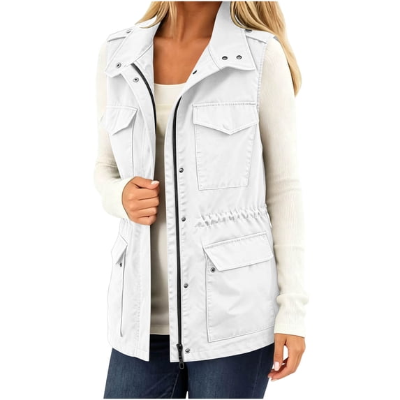 BXJX Womens Cargo Vests, Multi‑Pocket Sleeveless Full Zip Drawstring Waist Utility Jackets White Size S