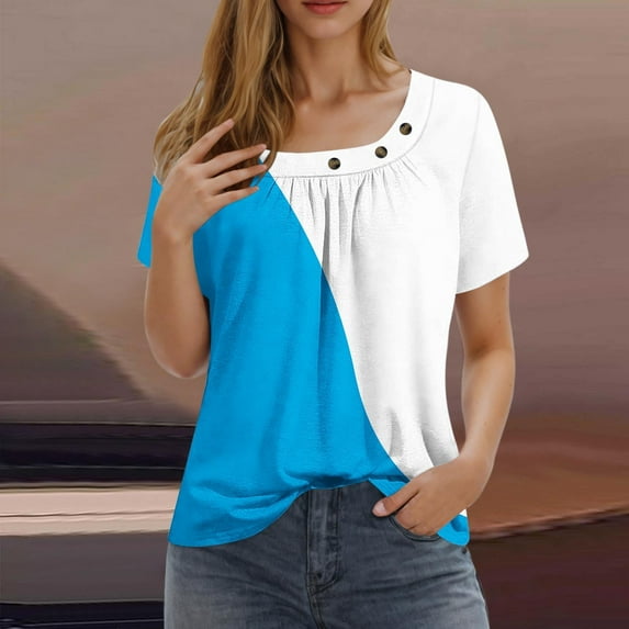 BXJX Womens Color Block Blouses- Ruffle Loose Casual Dressy Square Neckline Summer Short Sleeve Tees Light Blue Size L