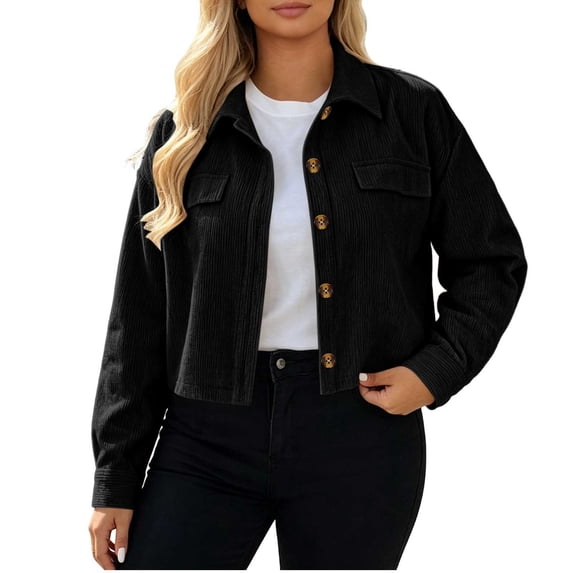 BXJX Womens Corduroy Cropped Jackets, Long Sleeve Casual Lapel Collar Spring Fall Womens Outerwear Black Size L