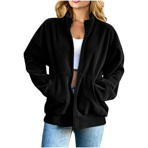 BXJX Womens Corduroy Jackets, Stand-up Collar Spring Fall Long Sleeve Zipper Outerwear with Pockets Black Size M