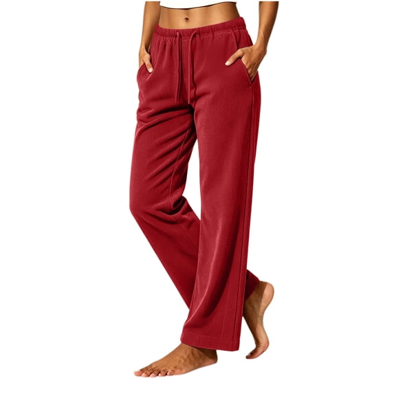 BXJX Womens Corduroy Pants, Casual Elastic Waist Drawstring Fall Winter Straight Leg Trousers with Pockets Red Size XL