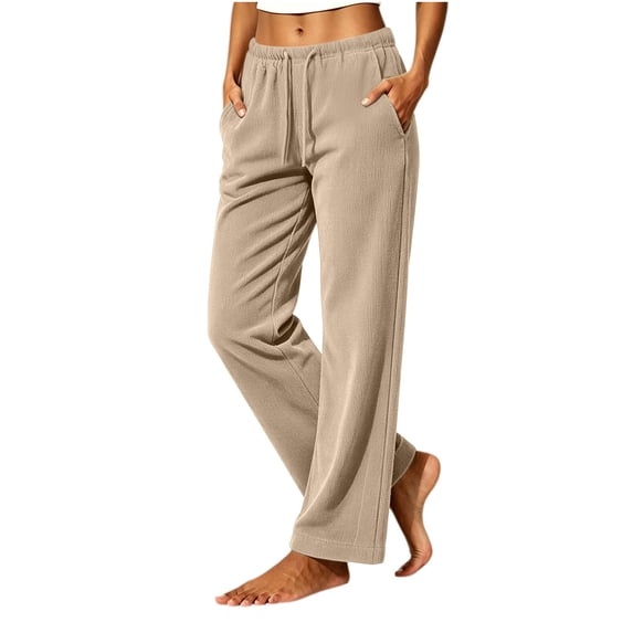 BXJX Womens Corduroy Pants, Drawstring Elastic Waist Casual Fall Winter Straight Leg Trousers with Pockets Khaki Size S-2XL
