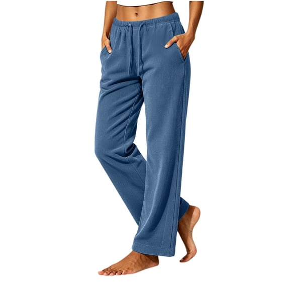 BXJX Womens Corduroy Pants, Drawstring Fall Winter Elastic Waist Casual Straight Leg Trousers with Pockets Navy Size M