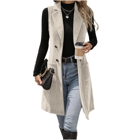 BXJX Womens Corduroy Vests, Button Down Sleeveless Lapel Collar Mid-length Fall Outerwear with Pockets Beige Size M