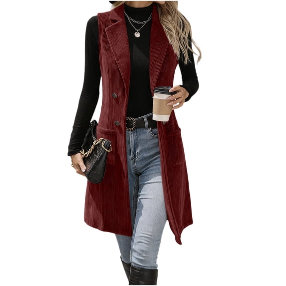 BXJX Womens Corduroy Vests, Sleeveless Mid-length Button Down Lapel Collar Fall Outerwear with Pockets Red Size S