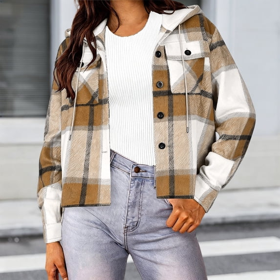 BXJX Womens Cropped Plaid Shackets, Button Down Hooded Fall Long Sleeve Outerwear Jackets with Drawstring Khaki Size M