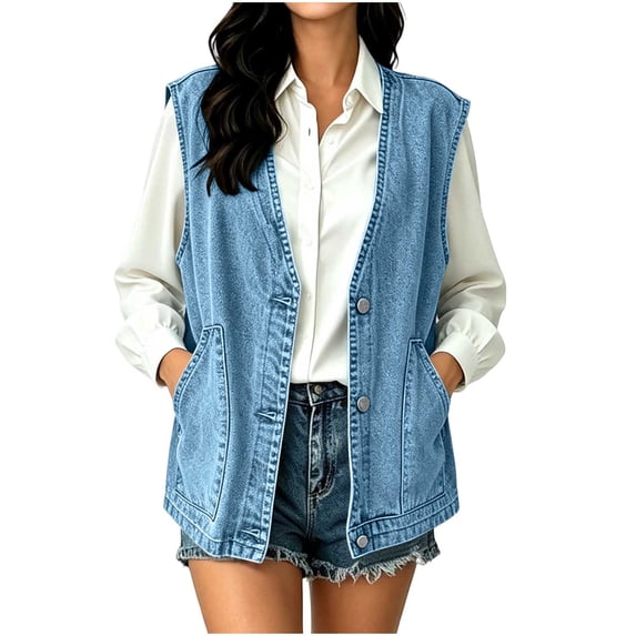 BXJX Womens Denim Vests, Fashion Button Front V Neck Sleeveless Jeans Waistcoat with Pockets Blue Size S-2XL