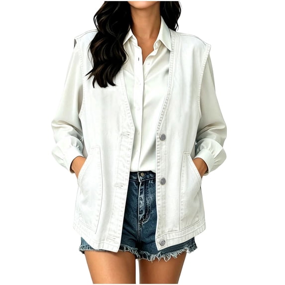 BXJX Womens Denim Vests, Fashion V Neck Sleeveless Button Front Jeans Waistcoat with Pockets White Size L