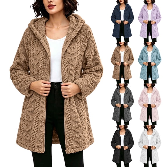 BXJX Womens Fleece Hooded Jackets, Long Sleeve Mid-length Full Zip Warm Fall Winter Outerwear Coffee Size S-3XL