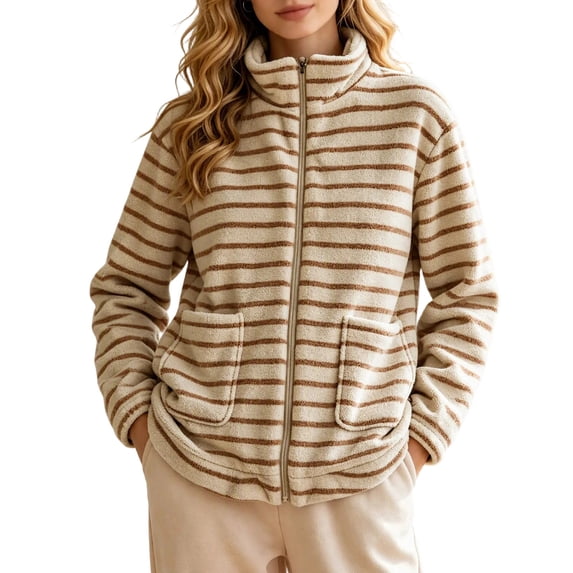 BXJX Womens Fleece Jackets, Long Sleeve Stripe Stand Collar Zip up Fall Spring Tops Coffee Size L