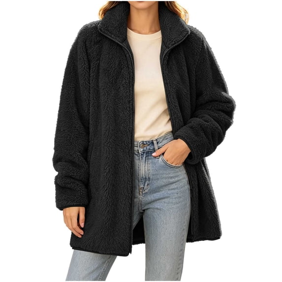 BXJX Womens Fleece Jackets, Stand Collar Long Sleeve Full Zip Mid Length Warm Outerwear with Pockets Black Size S