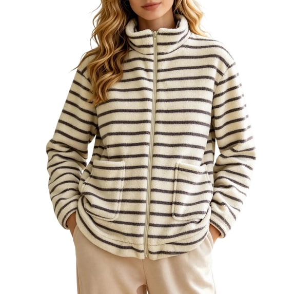 BXJX Womens Fleece Jackets, Stand Collar Zip up Long Sleeve Stripe Fall Spring Tops Beige Size XL