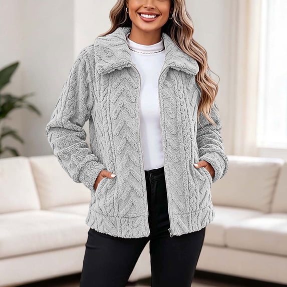 BXJX Womens Fleece Jackets, Warm Lapel Collar Zip up Long Sleeve Winter Outerwear with Pockets Gray Size XL