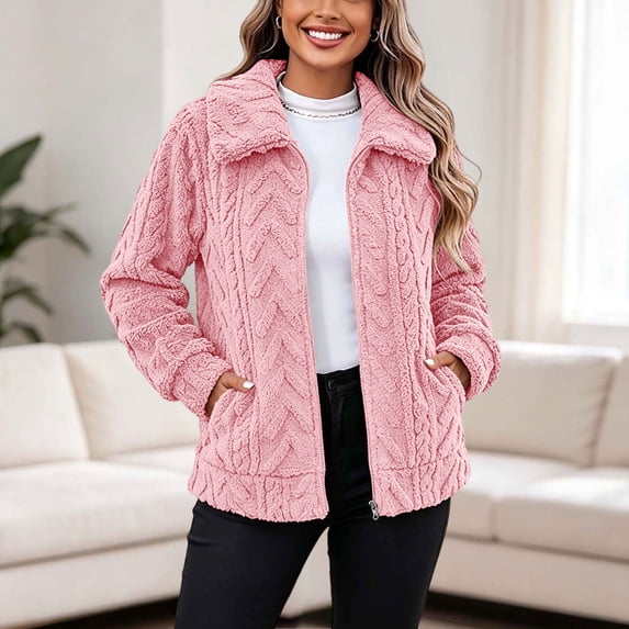 BXJX Womens Fleece Jackets, Warm Long Sleeve Lapel Collar Zip up Winter Outerwear with Pockets Pink Size M