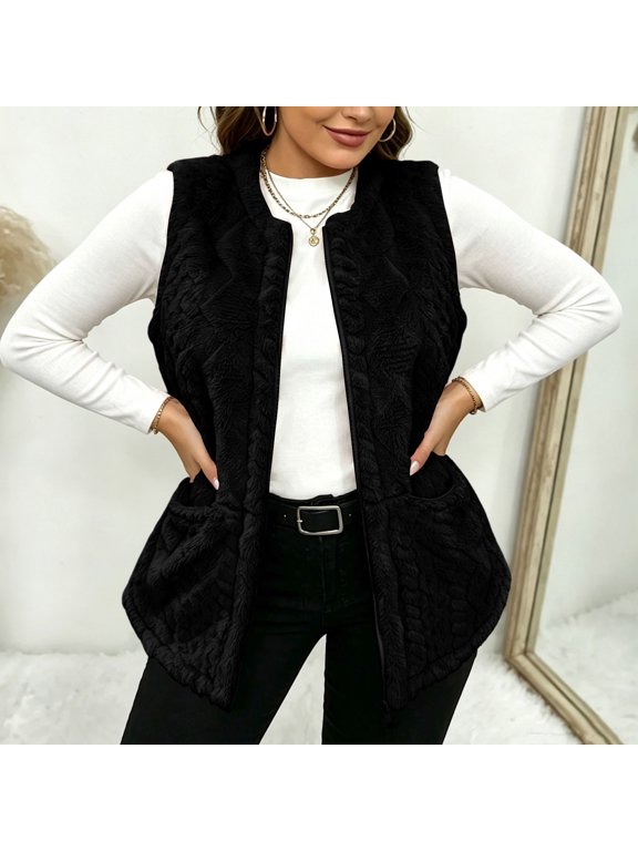 Womens Fleece Vests, Zip up Fall Winter Sleeveless Crew Neck Waistcoat with Pockets Black Size 2XL
