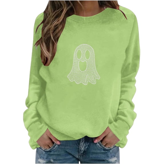 BXJX Womens Halloween Sweatshirts, Holiday Long Sleeve Crew Neck Rhinestone Pullover Tops for Halloween Green Size 2XL