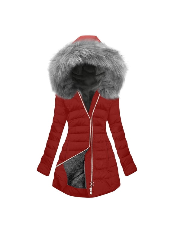 Womens Heavyweight Puffer Jacket with Faux Fur Hood- Parkas Casual Warm Full Zip Winter Coats Parkas Red Size XL