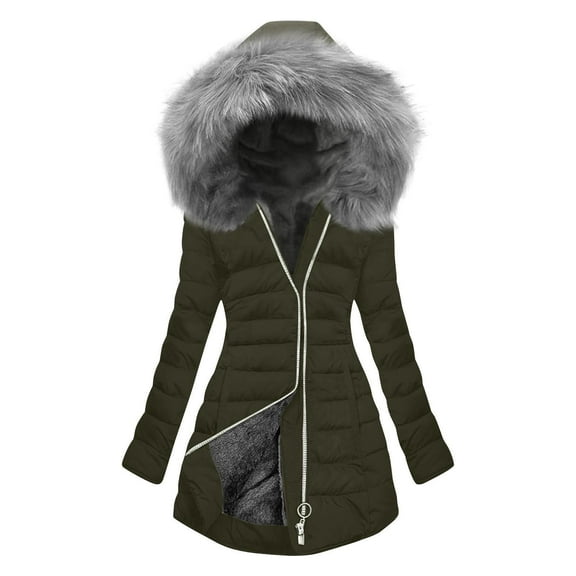 BXJX Womens Heavyweight Puffer Jacket with Faux Fur Hood- Parkas Warm Full Zip Casual Winter Coats Army Green Size L