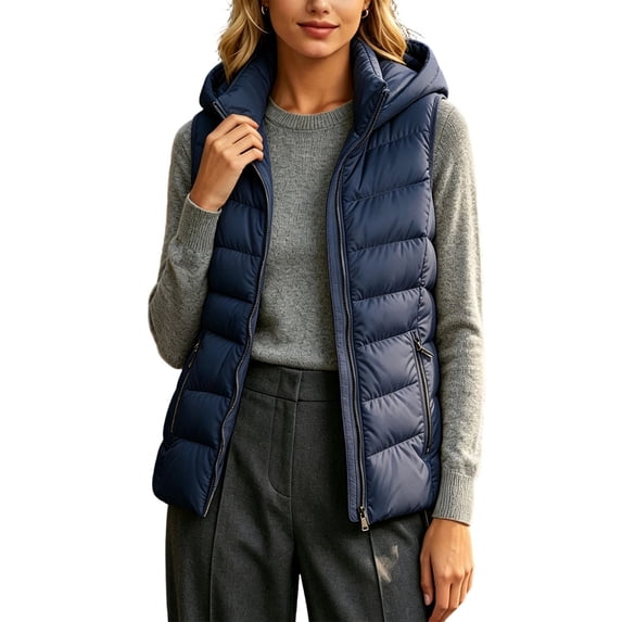 BXJX Womens Hooded Puffer Vests, Casual Sleeveless Fall Winter Full Zip Waistcoat with Zipper Pockets Navy Size 3XL