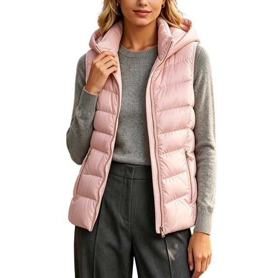 BXJX Womens Hooded Puffer Vests, Fall Winter Sleeveless Casual Full Zip Waistcoat with Zipper Pockets Pink Size M