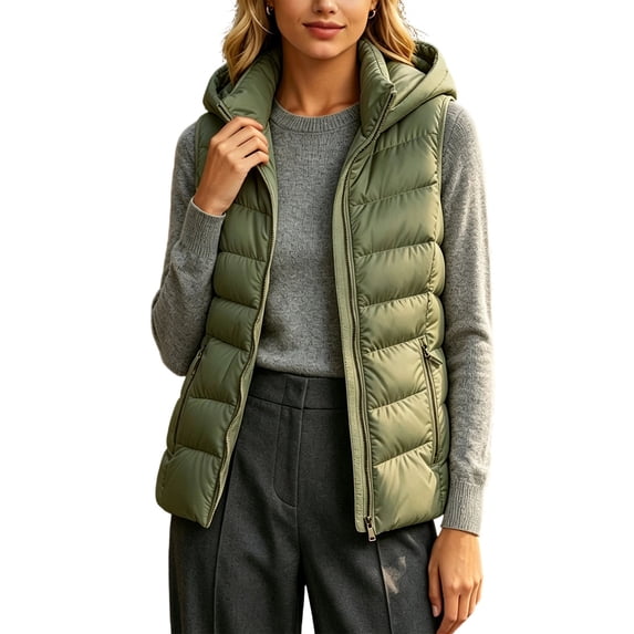 BXJX Womens Hooded Puffer Vests, Full Zip Casual Fall Winter Sleeveless Waistcoat with Zipper Pockets Army Green Size 2XL