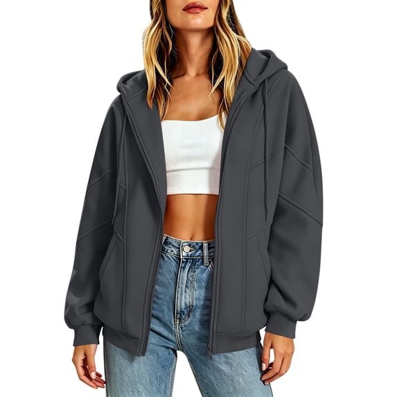 BXJX Womens Hoodies with Drawstring, Casual Long Sleeve Spring Fall Full Zip Jackets with Pockets Dark Gray Size M