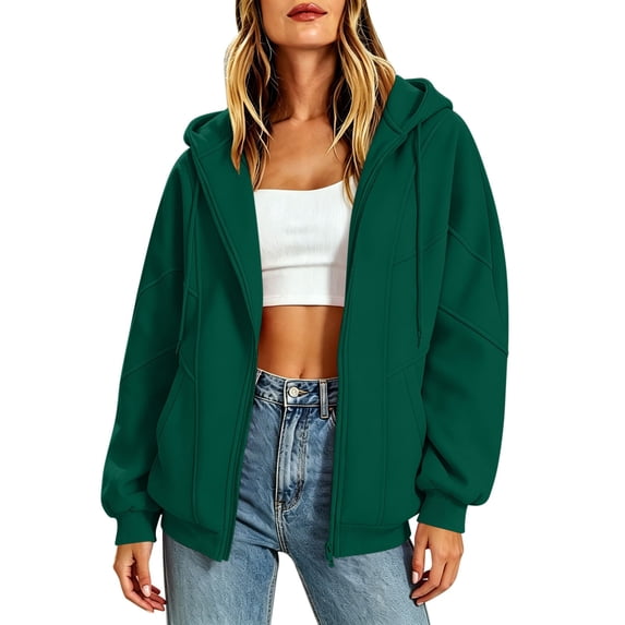 BXJX Womens Hoodies with Drawstring, Full Zip Casual Long Sleeve Spring Fall Jackets with Pockets Green Size S