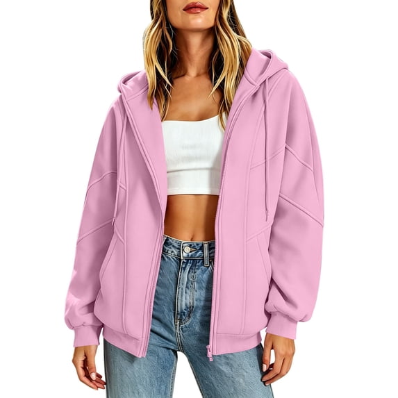 BXJX Womens Hoodies with Drawstring, Long Sleeve Full Zip Spring Fall Casual Jackets with Pockets Pink Size M