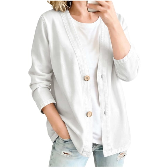 BXJX Womens Jean Jackets, Long Sleeve Spring Fall V-Neck Button Front Denim Jacket for Women White Size 2XL
