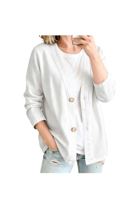 Womens Jean Jackets, Long Sleeve Spring Fall V-Neck Button Front Denim Jacket for Women White Size 2XL