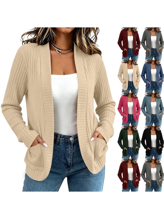 Womens Knit Cardigans, Long Sleeve Open Front Lightweight Casual Cardigan Sweaters with Pockets Khaki Size S