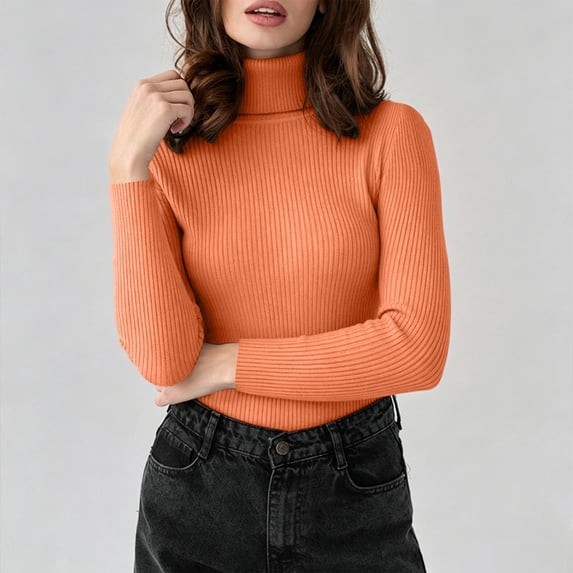 BXJX Womens Knit Sweaters, Long Sleeve Turtleneck Casual Slim Fit Base Layer Tops Orange Size Free Size
