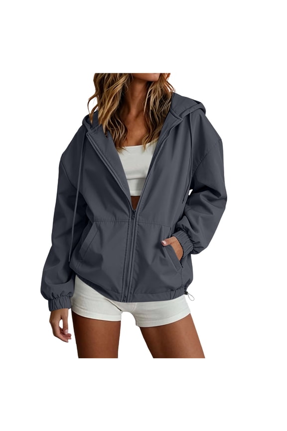 Womens Lightweight Jackets, Full Zip Long Sleeve Adjustable Hem Hooded Windbreaker with Drawstring Dark Gray Size S