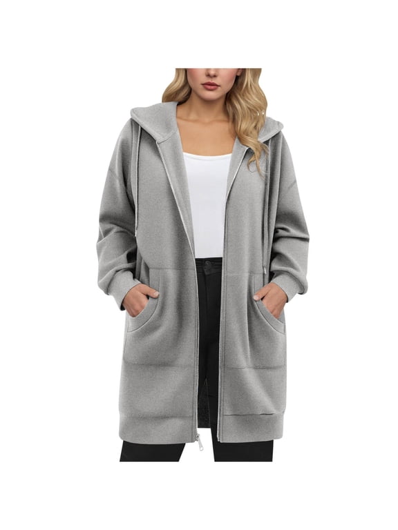 Womens Long Hoodies- Drawstring Casual Long Sleeve Zip Up Oversized Hooded Sweatshirt Gray Size XL