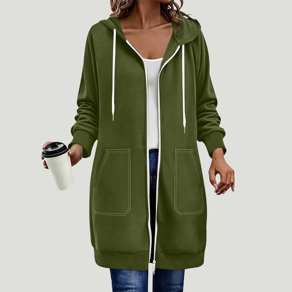 BXJX Womens Long Hoodies, Full Zip Long Sleeve Drawstring Casual Jackets with Pockets Green Size 2XL