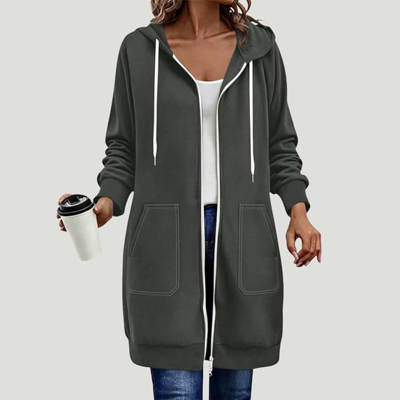 BXJX Womens Long Hoodies, Long Sleeve Drawstring Full Zip Casual Jackets with Pockets Gray Size S