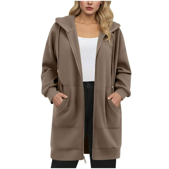 BXJX Womens Long Hoodies- Long Sleeve Drawstring Zip Up Casual Oversized Hooded Sweatshirt Brown Size XL