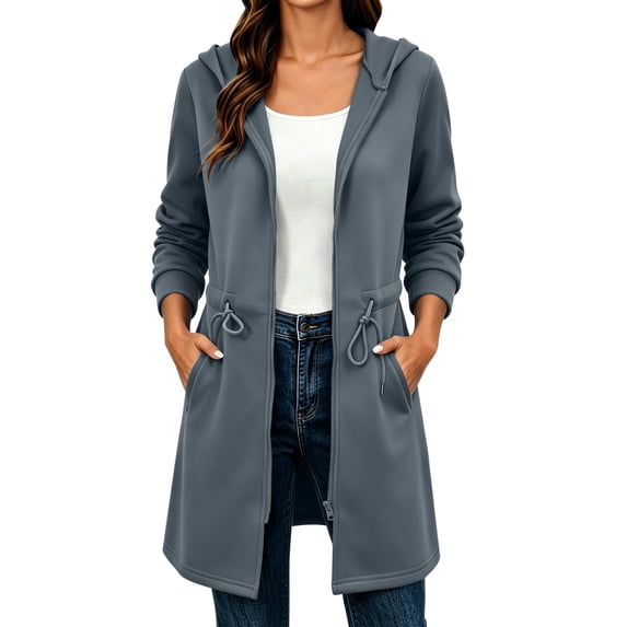 BXJX Womens Long Hoodies with Zipper, Casual Fall Long Sleeve Drawstring Waist Jackets with Pockets Dark Gray Size 2XL