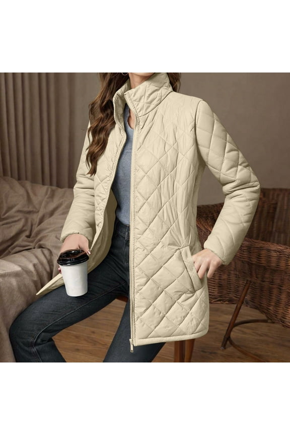Womens Long Puffer Jackets- Warm Winter Quilted Long Down Coats Full Zip Pockets Long Sleeve Outerwear Khaki Size 2XL
