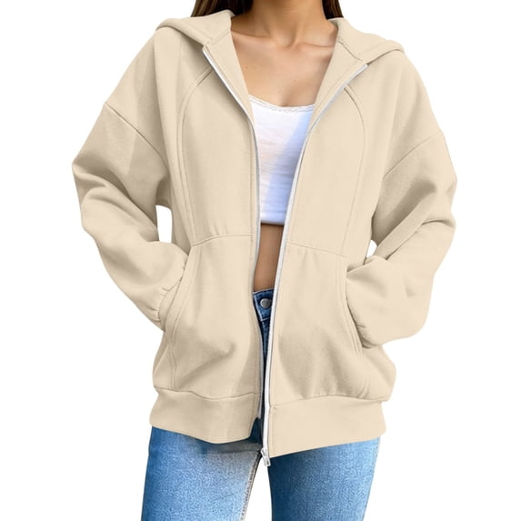 BXJX Womens Long Sleeve Hoodies, Spring Fall Full Zip Casual Daily Jackets with Pockets Beige Size M